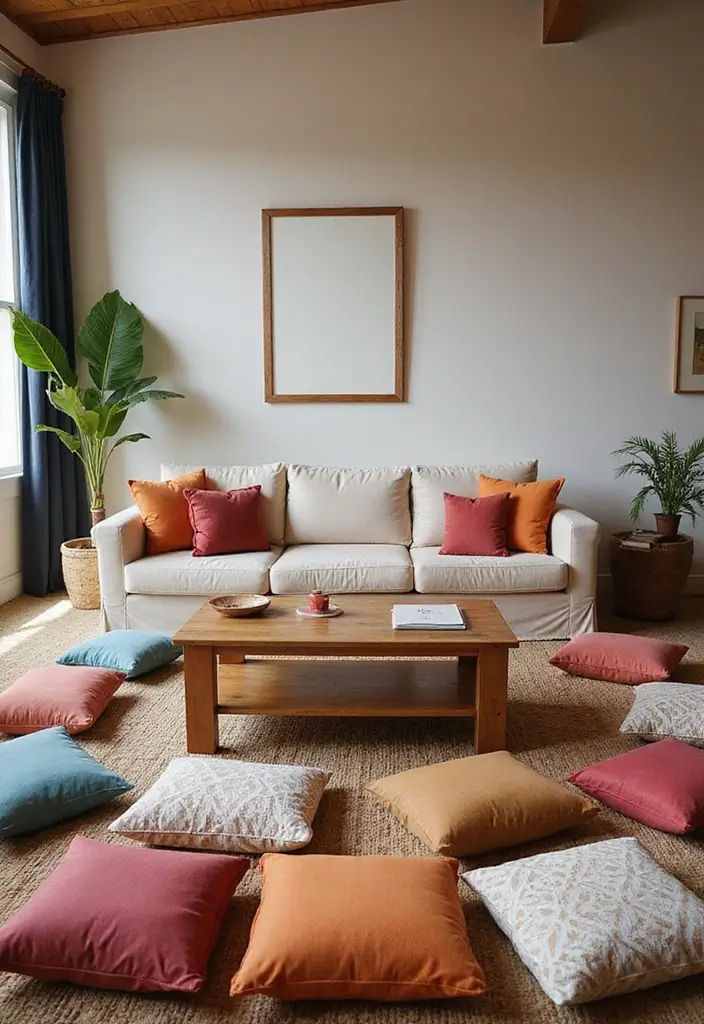 25 Guest Living Room Combo Ideas That Double the Function - 14. Floor Cushions for Casual Comfort