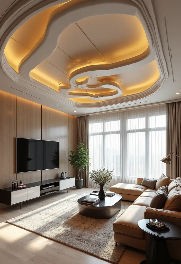25 Guest Living Room Combo Ideas That Double the Function - 18. Creative Ceiling Designs