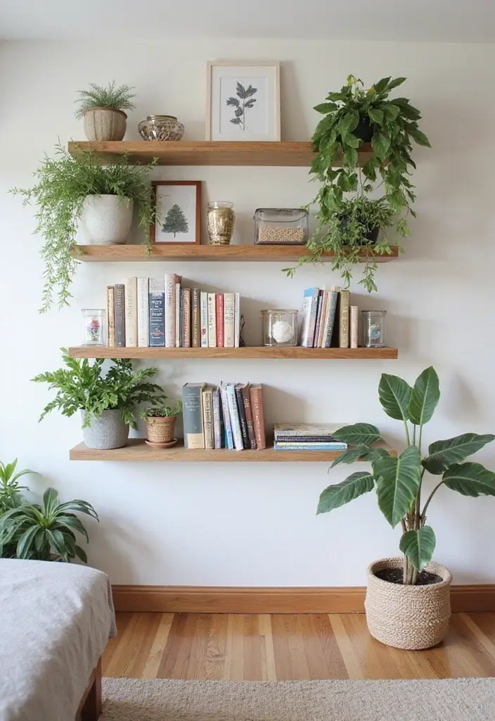 25 Guest Room Combo Ideas That Make the Space Multifunctional - 5. Eclectic Wall-Mounted Shelves