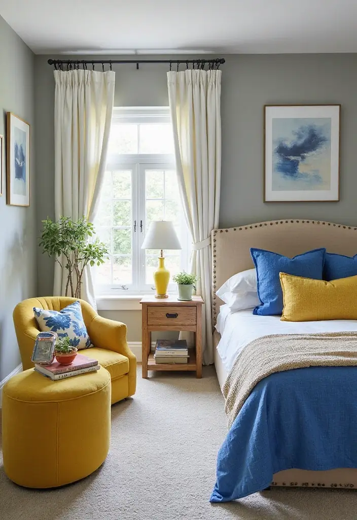 27 Blue Guest Room Designs That Feel Calm and Relaxing - 10. Blue and Yellow Accents