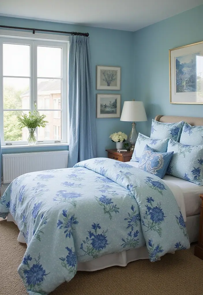 27 Blue Guest Room Designs That Feel Calm and Relaxing - 14. Blue Floral Fantasy