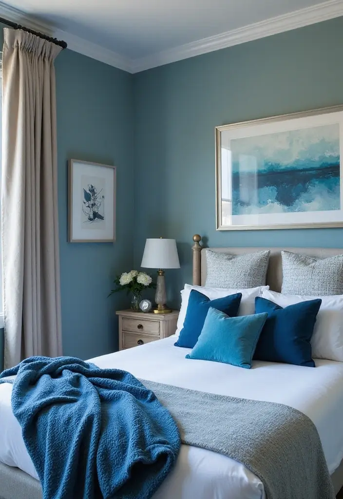 27 Blue Guest Room Designs That Feel Calm and Relaxing - 20. Layered Blues
