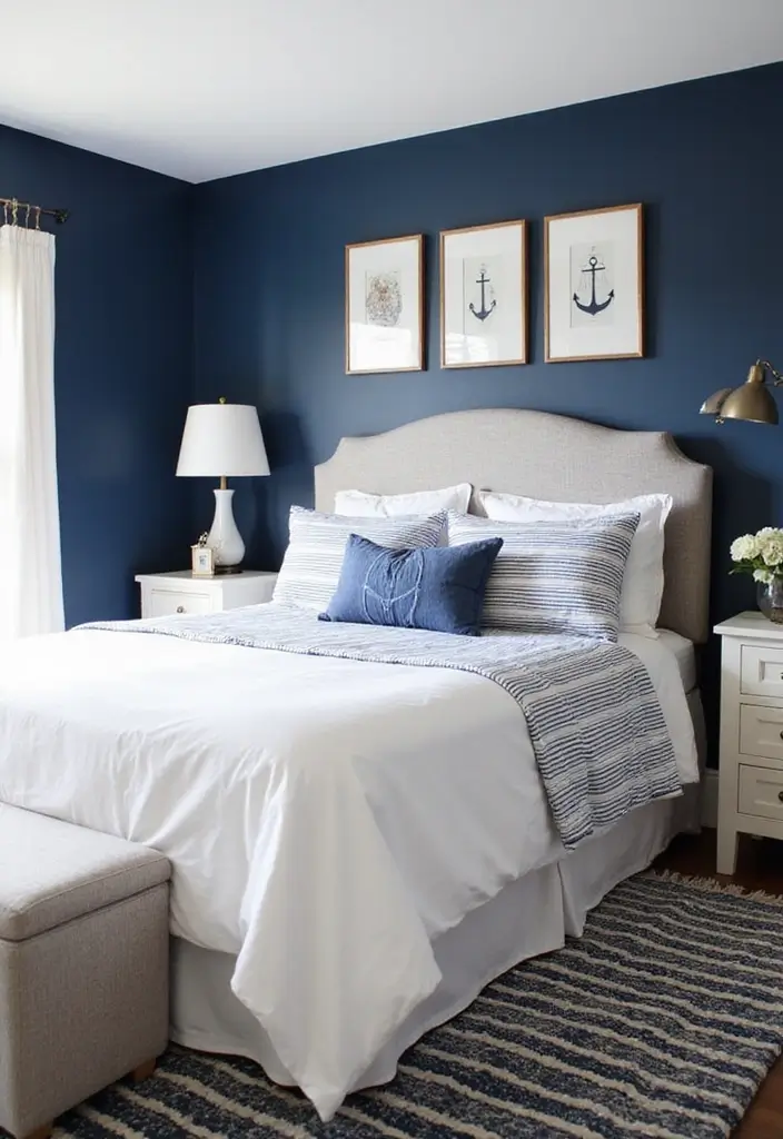 27 Blue Guest Room Designs That Feel Calm and Relaxing - 3. Navy and White Nautical Theme