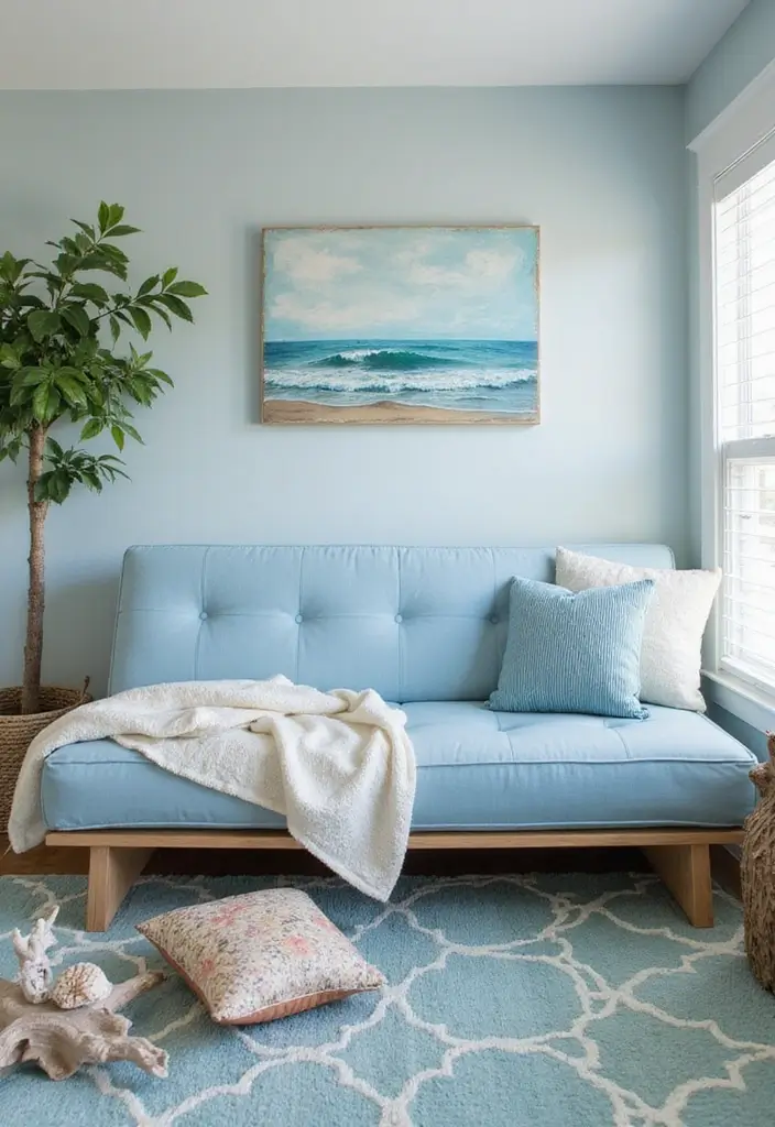 27 Futon Guest Room Inspirations That Save Space in Style - 20. Ocean-Inspired Retreat