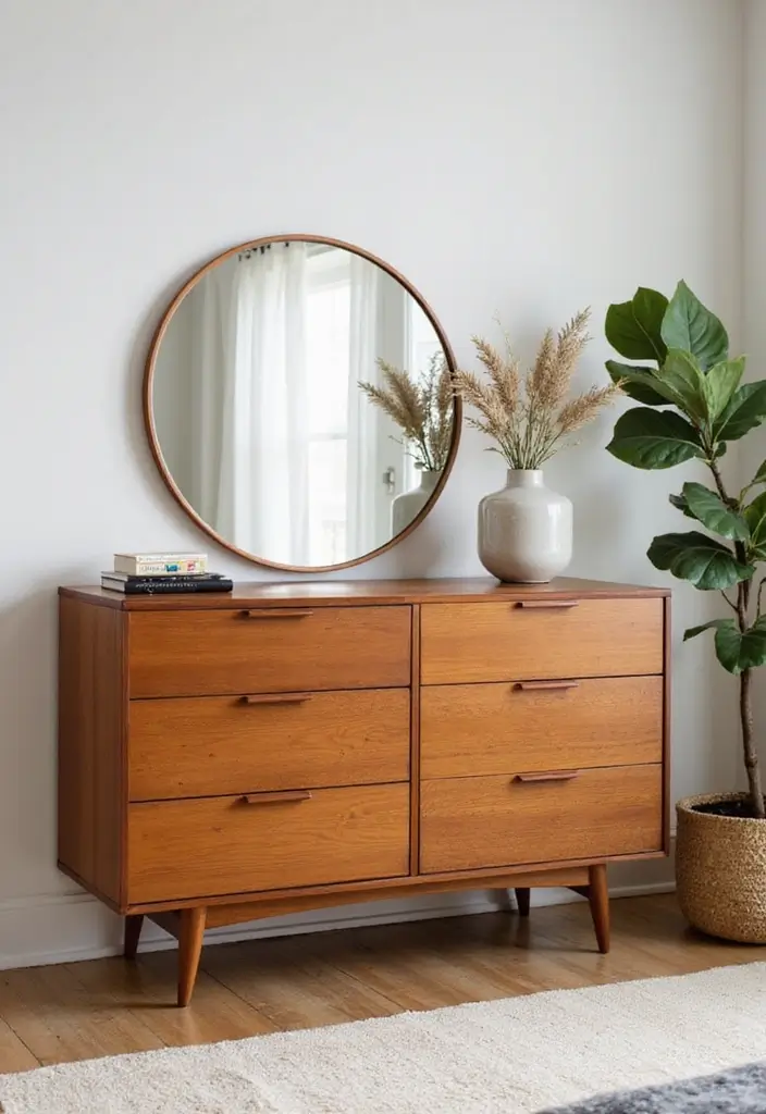 27 Guest Room Dresser Ideas That Add Storage and Style - 1. Mid-Century Modern Charm