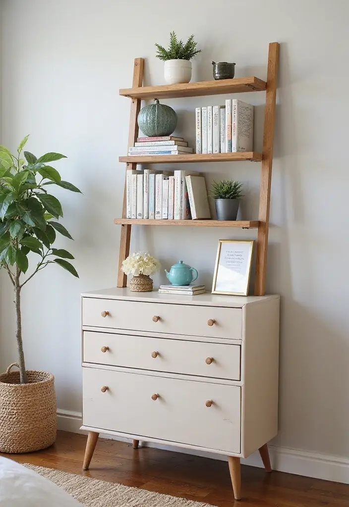 27 Guest Room Dresser Ideas That Add Storage and Style - 10. Decorative Ladder Dresser