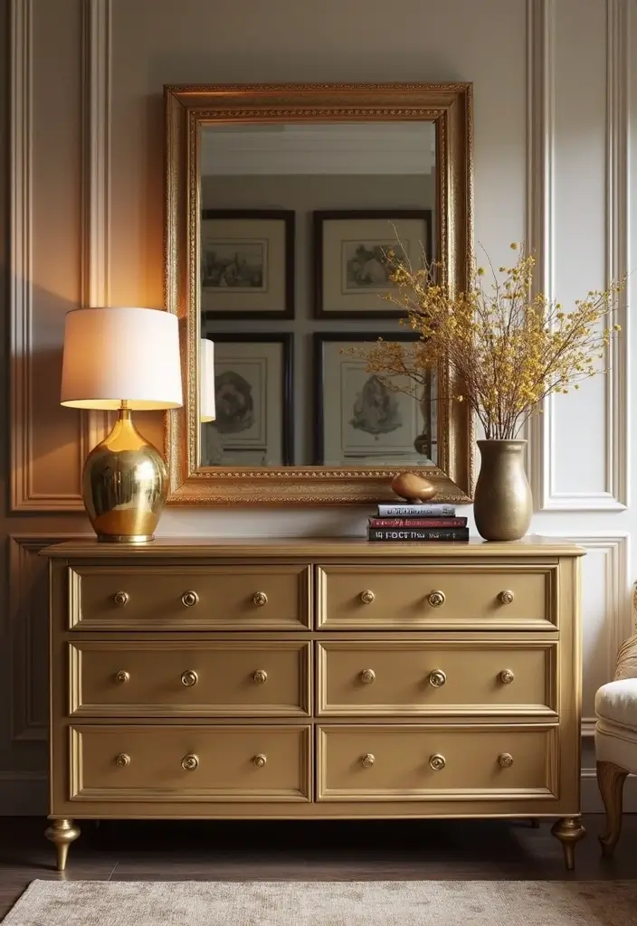 27 Guest Room Dresser Ideas That Add Storage and Style - 15. Glamorous Gold Accents
