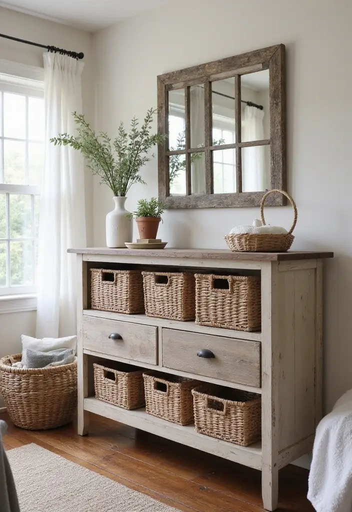 27 Guest Room Dresser Ideas That Add Storage and Style - 23. Farmhouse Style Dressers with Baskets