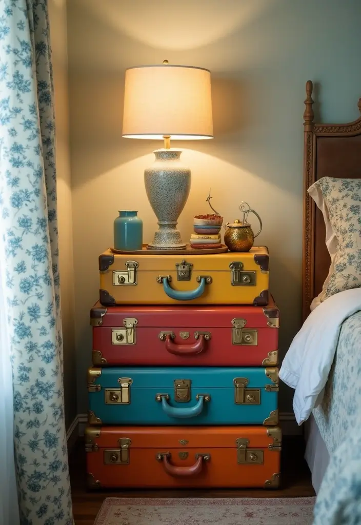 27 Guest Room Nightstand Ideas That Add Function and Style - 10. Repurposed Vintage Suitcases