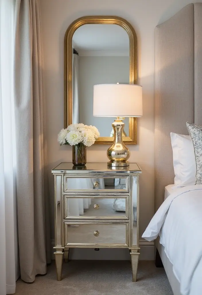 27 Guest Room Nightstand Ideas That Add Function and Style - 17. Elegant Mirrored Nightstand