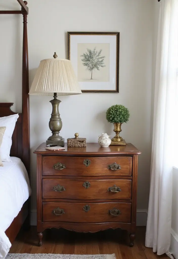 27 Guest Room Nightstand Ideas That Add Function and Style - 2. Vintage Chest of Drawers