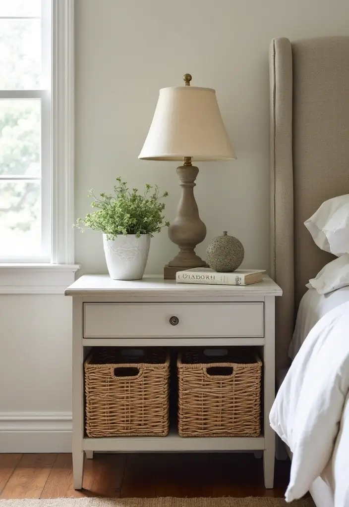 27 Guest Room Nightstand Ideas That Add Function and Style - 27. Nightstand with Decorative Baskets