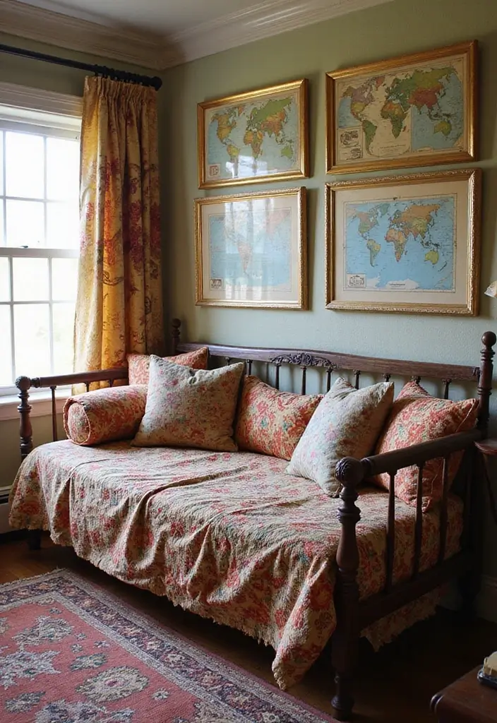 27 Guest Rooms with Daybeds That Feel Inviting and Neat - 27. Travel-Themed Daybed Retreat