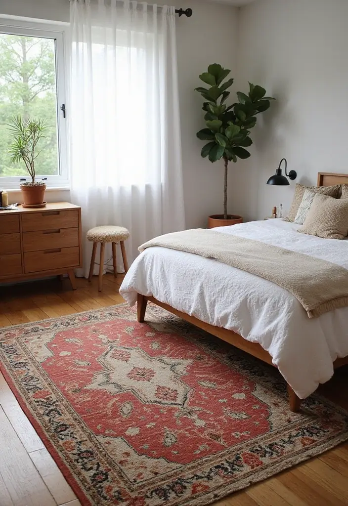 27 Mid-Century Modern Guest Room Ideas That Look Retro Chic - 6. Stylish Rugs