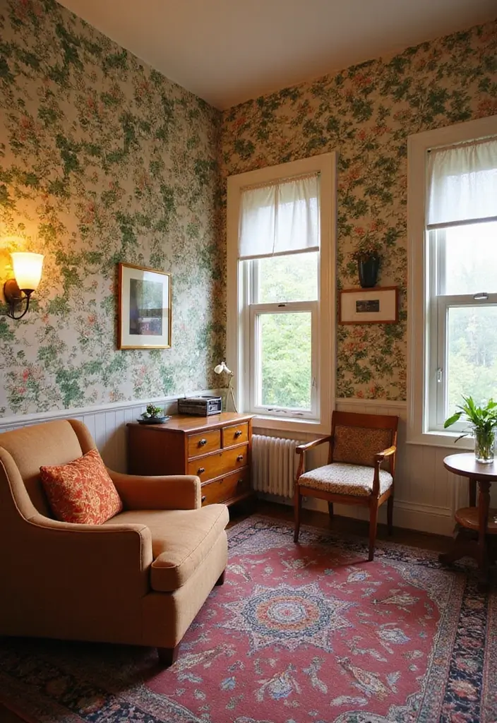 27 Vintage Guest Room Designs Full of Nostalgic Charm - 1. Retro Floral Wallpaper