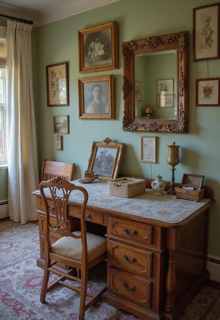 27 Vintage Guest Room Designs Full of Nostalgic Charm - 11. Family Heirloom Displays