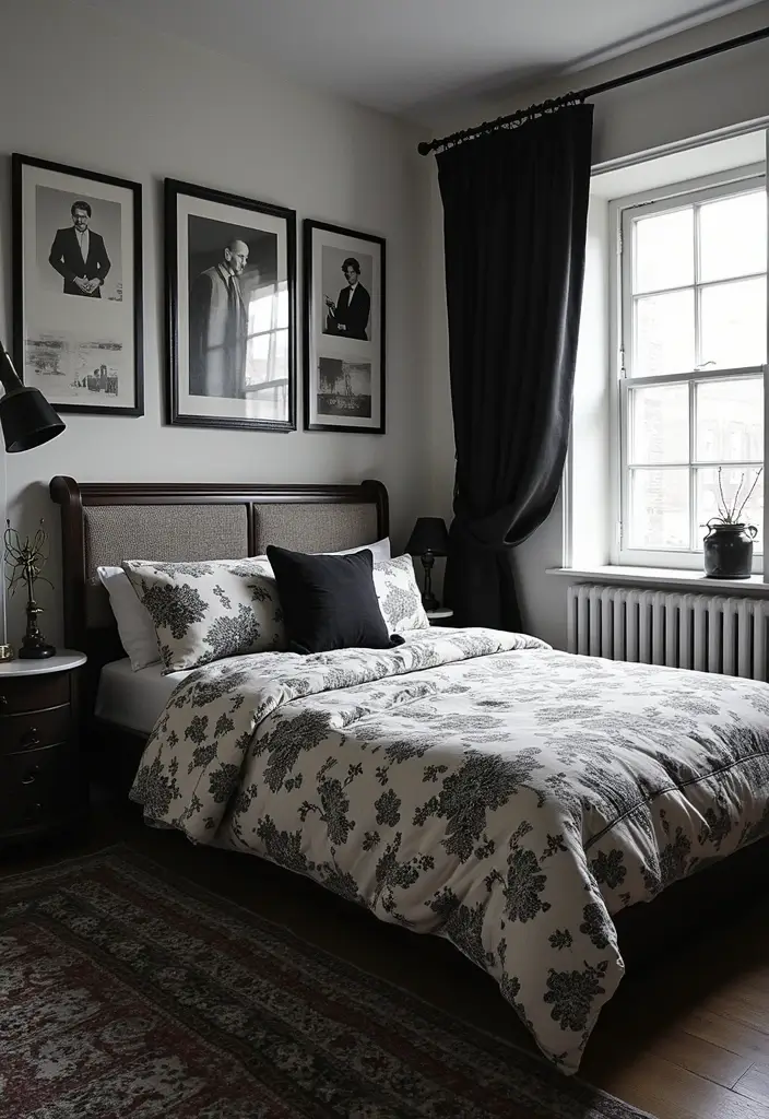 27 Vintage Guest Room Designs Full of Nostalgic Charm - 22. Vintage Black and White Aesthetic