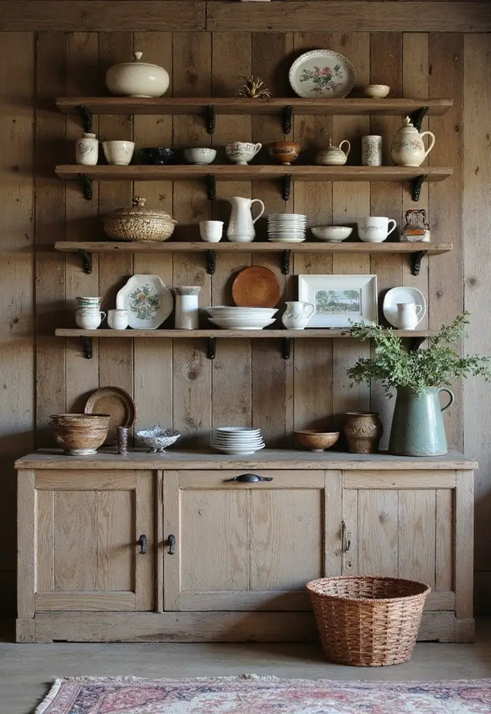 27 Vintage Guest Room Designs Full of Nostalgic Charm - 25. Vintage-inspired Open Shelving