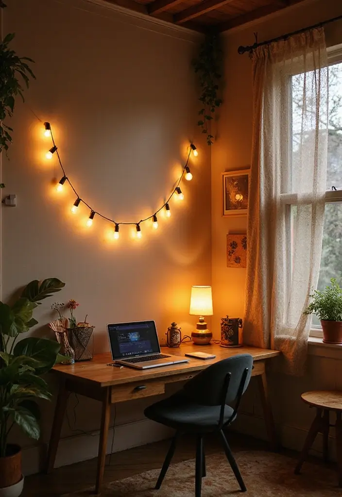 28 Boho Office Guest Room Combo Ideas That Balance Work + Rest - 7. Artistic Lighting Solutions