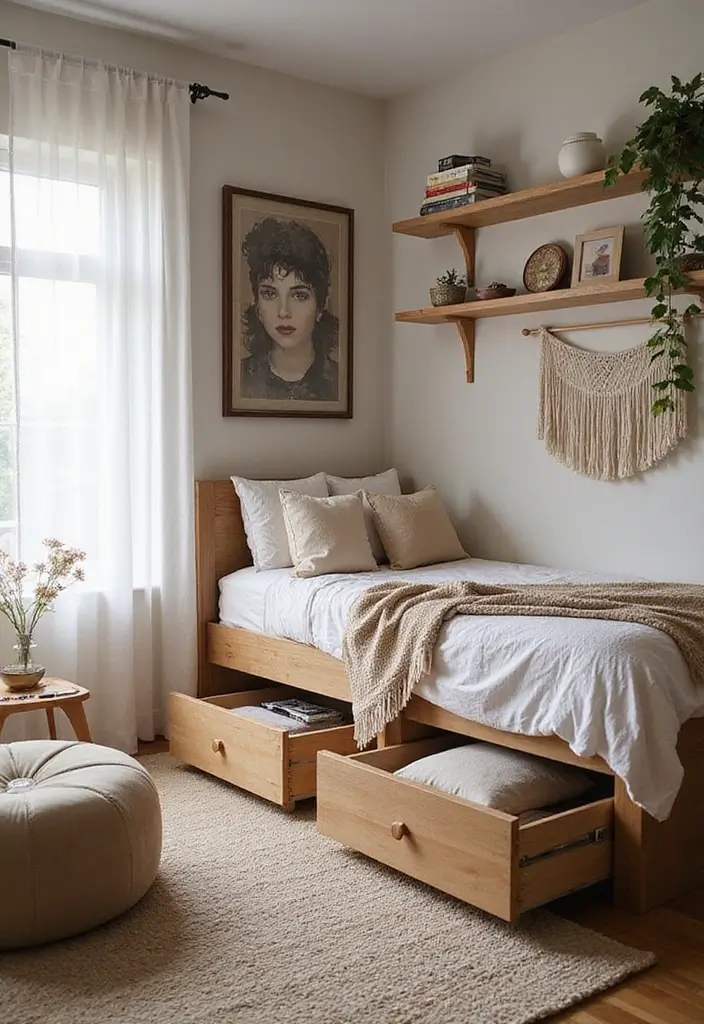 28 Boho Office Guest Room Combo Ideas That Balance Work + Rest - 9. Hidden Storage Solutions