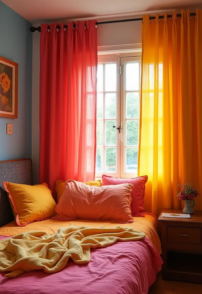 28 Guest Room Curtain Ideas That Pull the Look Together - 27. Brightly Colored Curtains for a Pop of Fun