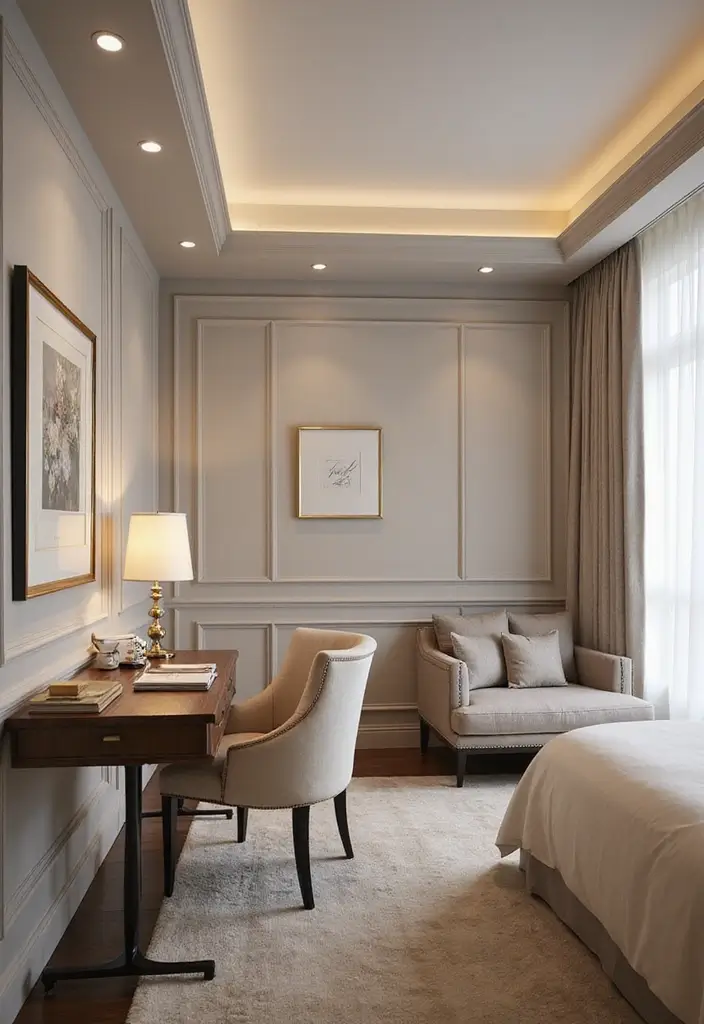 28 Guest Room Office Combo Layouts That Balance Work + Rest - 27. Elegant Office Setup with a Guest Bed