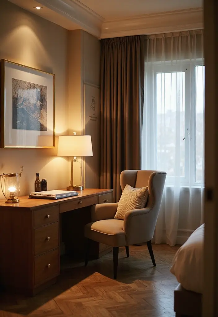 28 Guest Room Office Combo Layouts That Balance Work + Rest - 8. Elegant Bedroom Nook