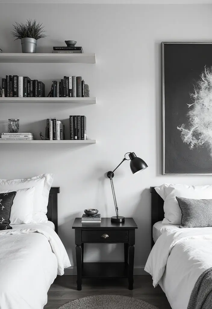 29 Black and White Guest Room Inspirations That Look Timeless - 19. Modern Floating Shelves