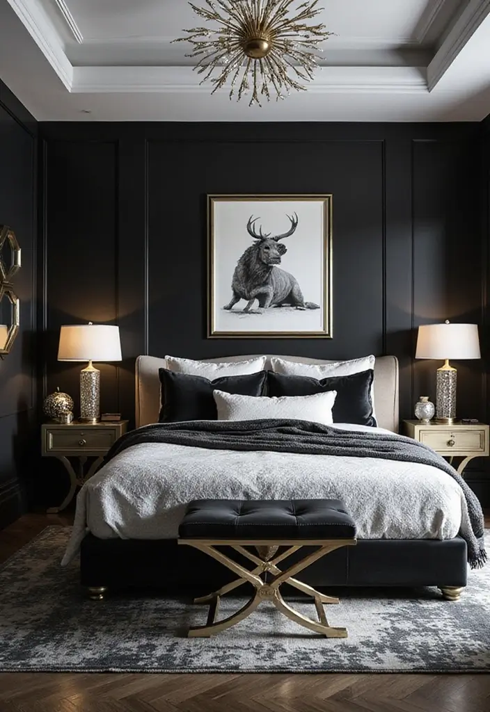 29 Black and White Guest Room Inspirations That Look Timeless - 6. Art Deco Elegance