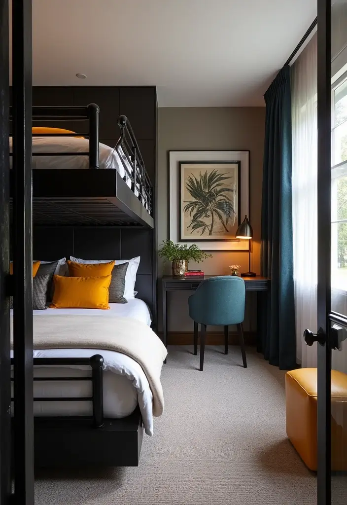 29 Bunk Bed Guest Room Ideas Perfect for Extra Sleeping Space - 13. Sleek Black Bunk Beds