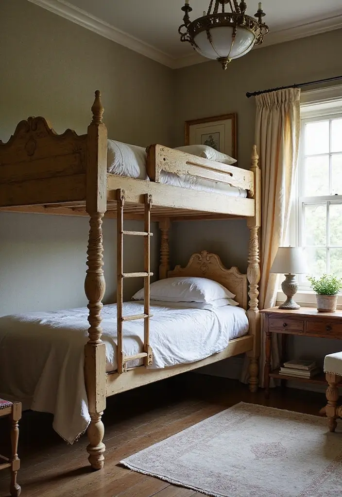 29 Bunk Bed Guest Room Ideas Perfect for Extra Sleeping Space - 20. Vintage Chic Bunk Beds