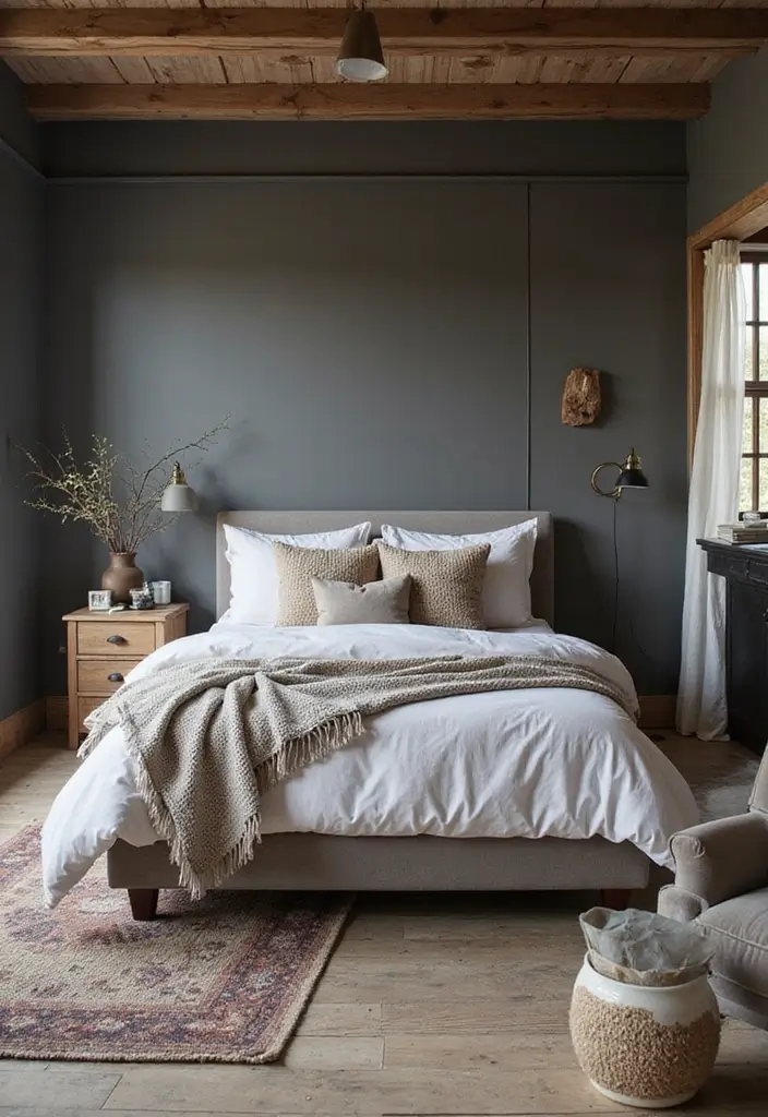 29 Grey Guest Room Inspirations That Feel Chic and Neutral - 25. Rustic Grey Retreat