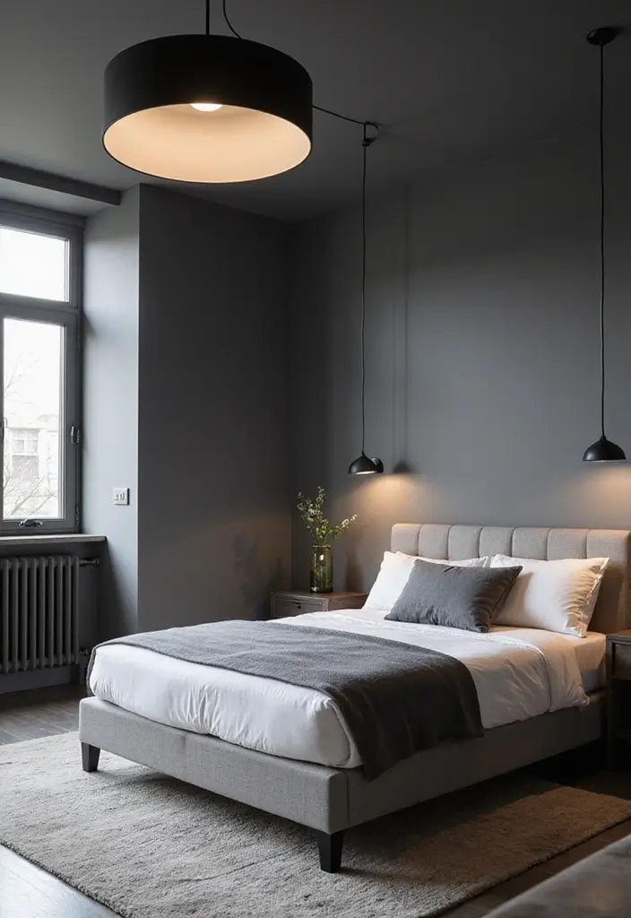 29 Grey Guest Room Inspirations That Feel Chic and Neutral - 28. Modern Grey with Bold Lighting