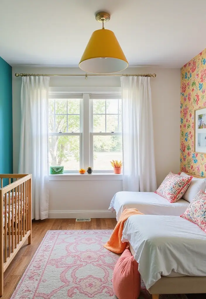 29 Nursery and Guest Room Combo Ideas Parents Swear By - 21. Cheerful Accent Wall