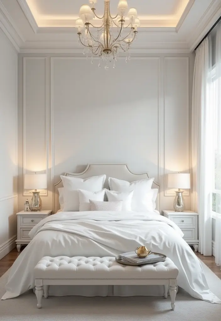 29 White Guest Room Ideas That Look Fresh and Bright - 18. Add a Touch of Glamour