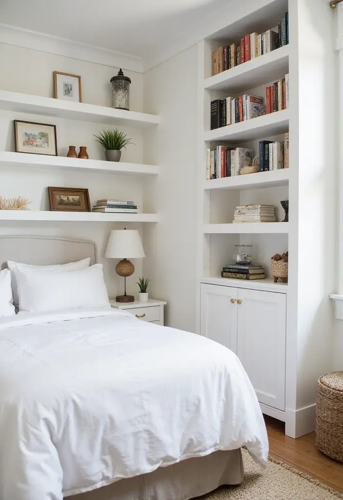 29 White Guest Room Ideas That Look Fresh and Bright - 19. Utilize Open Shelving