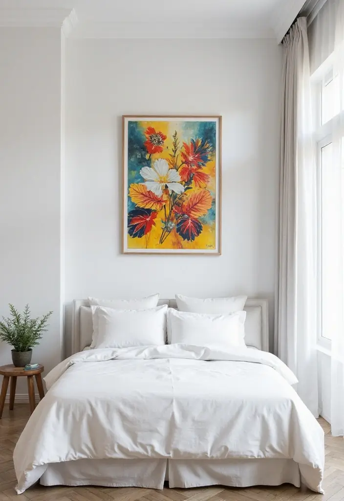 29 White Guest Room Ideas That Look Fresh and Bright - 22. Use Colorful Artwork