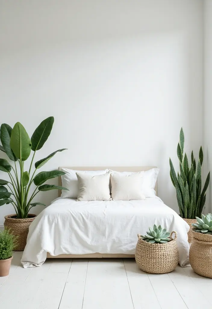 29 White Guest Room Ideas That Look Fresh and Bright - 5. Add Greenery for a Fresh Touch