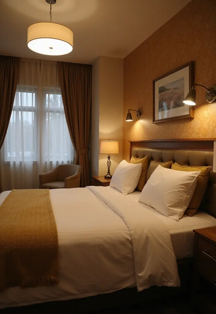 30 Cottage Guest Room Ideas Full of Warmth and Comfort - 25. Layered Lighting