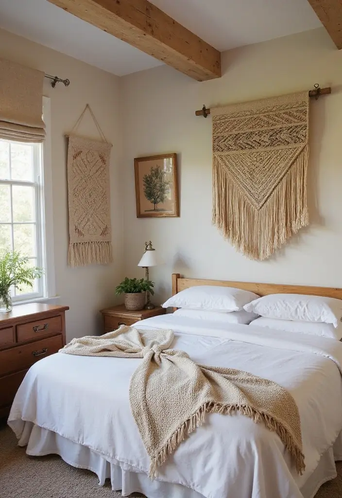 30 Cottage Guest Room Ideas Full of Warmth and Comfort - 27. Textile Wall Hangings