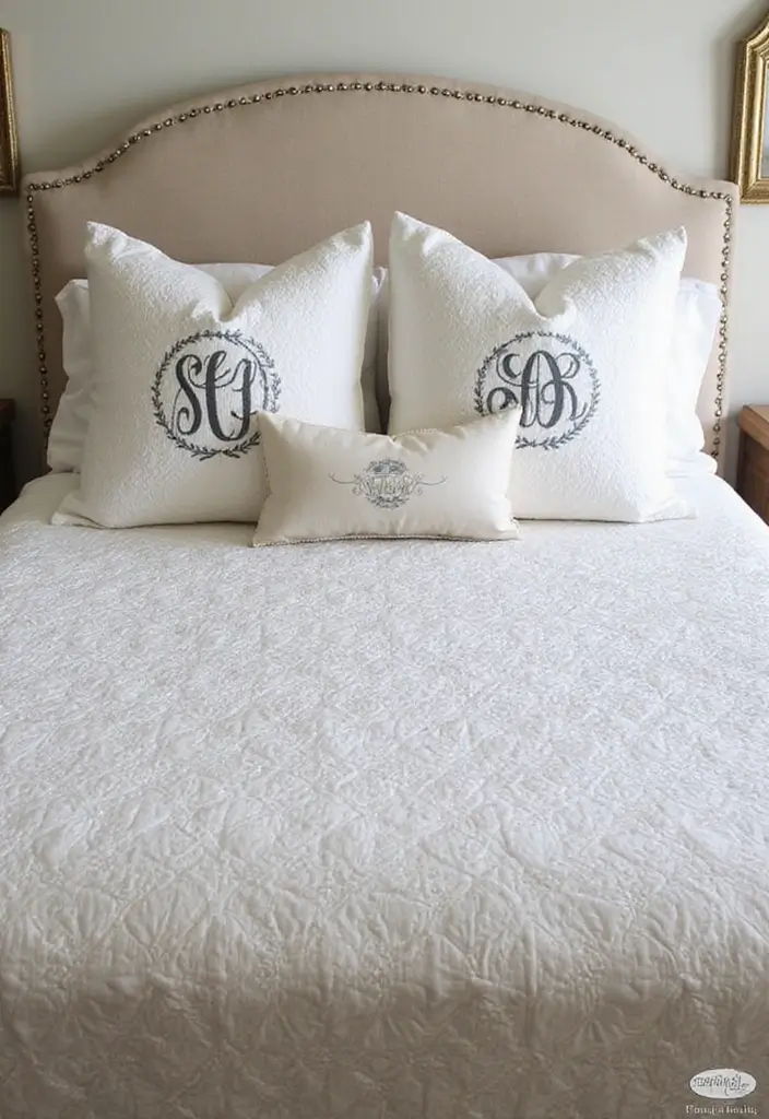 30 Farmhouse Guest Room Inspirations Full of Cozy Charm - 26. Personalized Bedding