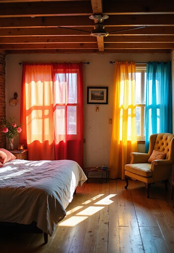 30 Guest Room in Basement Ideas That Look Bright and Cozy - 19. Colorful Curtains for Added Charm