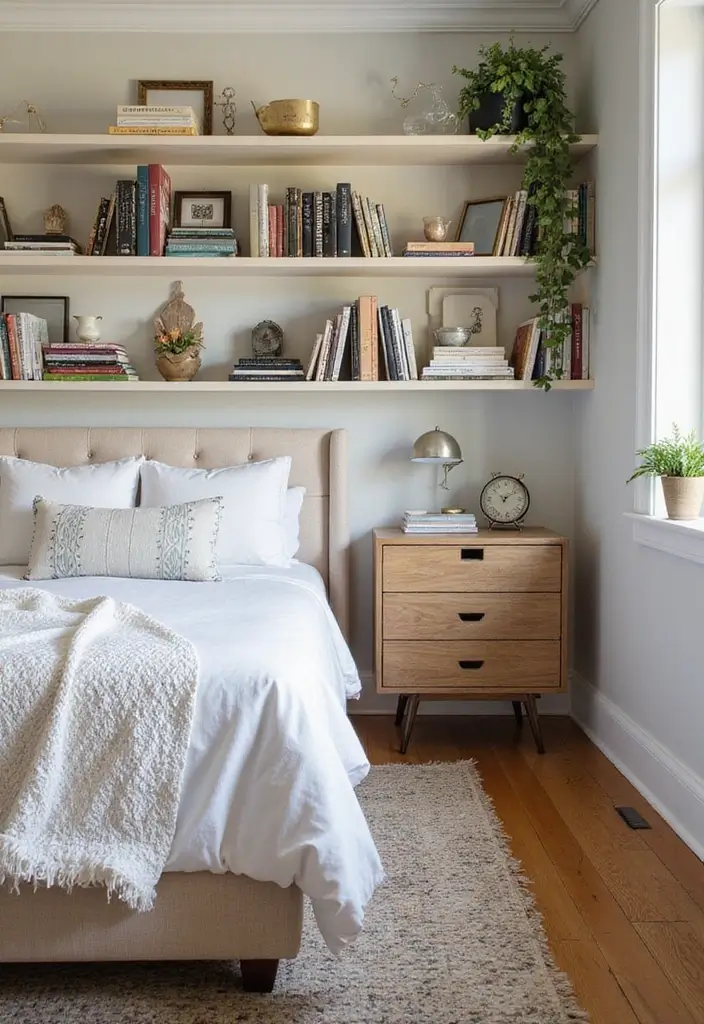30 Moody Guest Room Inspirations That Feel Cozy and Elegant - 25. Artistic Shelving