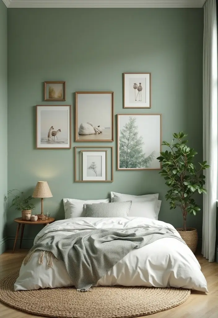 30 Sage Green Guest Room Inspirations That Feel Soft and Calm 10 30 Sage Green Guest Room Inspirations That Feel Soft and Calm - 10. Versatile Artwork Displays