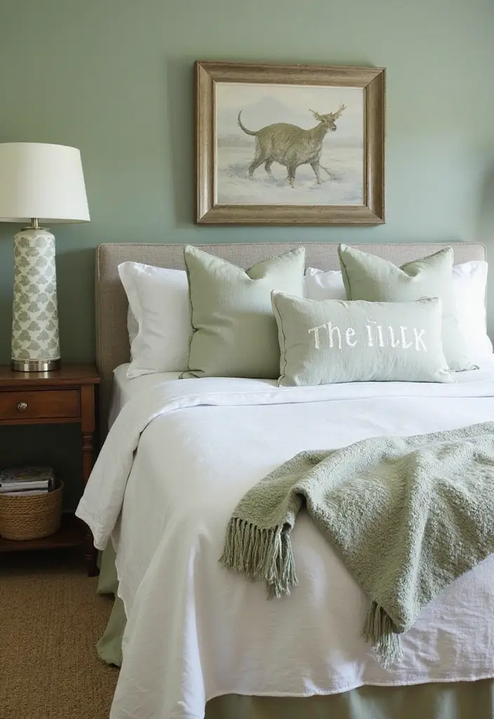 30 Sage Green Guest Room Inspirations That Feel Soft and Calm 14 30 Sage Green Guest Room Inspirations That Feel Soft and Calm - 14. Customized Bedding