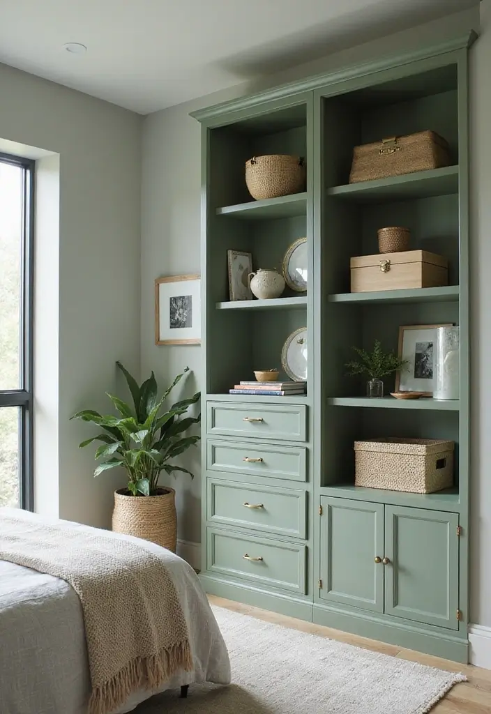 30 Sage Green Guest Room Inspirations That Feel Soft and Calm 15 30 Sage Green Guest Room Inspirations That Feel Soft and Calm - 15. Smart Storage Solutions