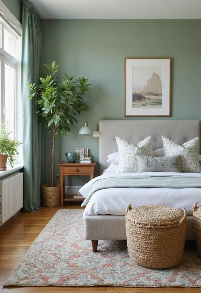 30 Sage Green Guest Room Inspirations That Feel Soft and Calm 16 30 Sage Green Guest Room Inspirations That Feel Soft and Calm - 16. Statement Rugs