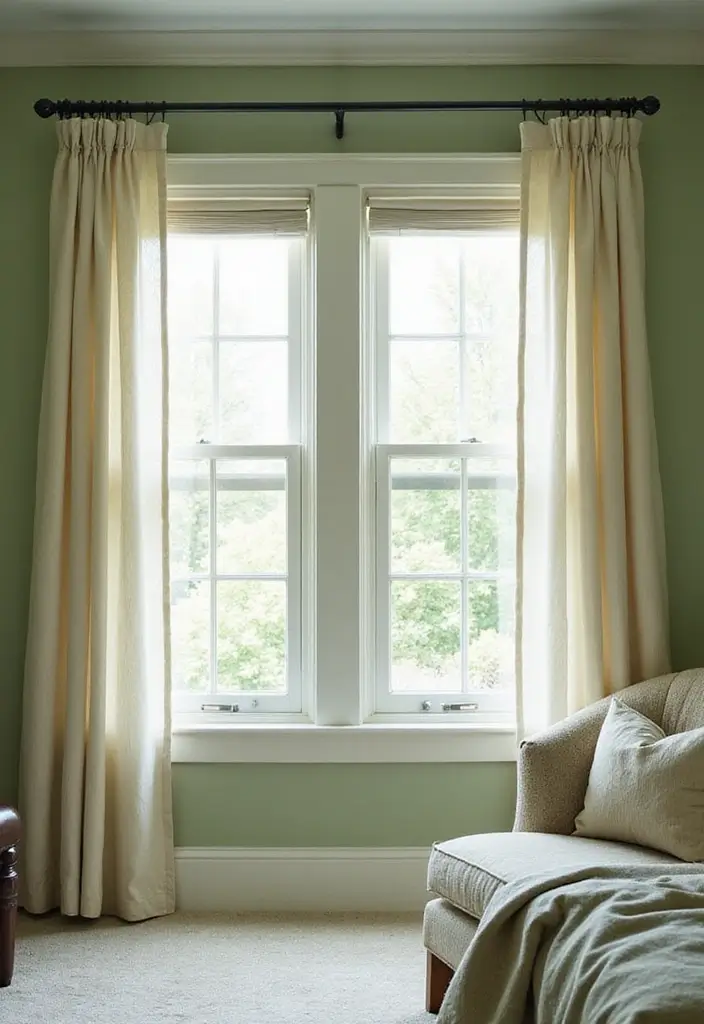 30 Sage Green Guest Room Inspirations That Feel Soft and Calm 17 30 Sage Green Guest Room Inspirations That Feel Soft and Calm - 17. Window Treatments with Flair