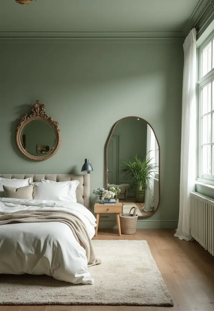30 Sage Green Guest Room Inspirations That Feel Soft and Calm 24 30 Sage Green Guest Room Inspirations That Feel Soft and Calm - 24. Creative Use of Mirrors