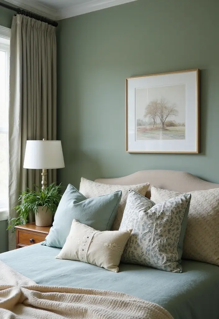30 Sage Green Guest Room Inspirations That Feel Soft and Calm 25 30 Sage Green Guest Room Inspirations That Feel Soft and Calm - 25. Playful Decorative Pillows